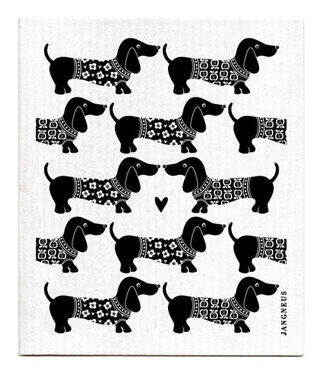 Black dachshund patterned reusable Swedish dishcloth made from cellulose and cotton by Jangneus