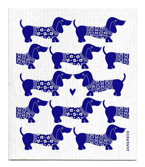 Blue dachshund patterned reusable Swedish dishcloth made from cellulose and cotton by Jangneus