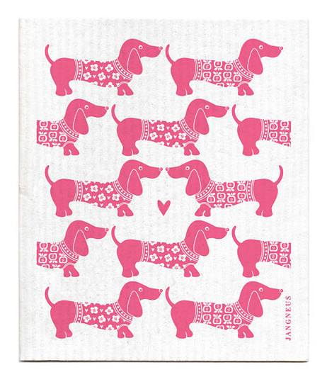 Pink dachshund patterned reusable Swedish dishcloth made from cellulose and cotton by Jangneus