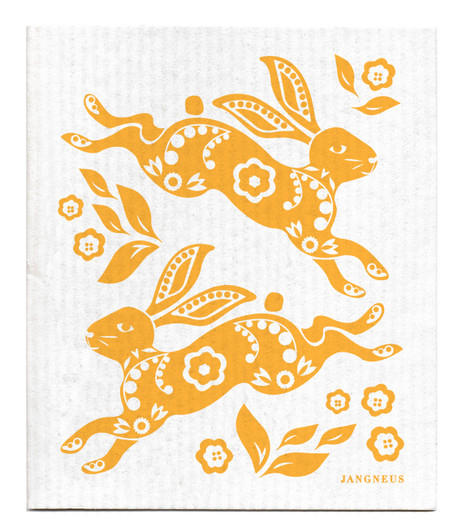 Ochre hare patterned reusable Swedish dishcloth made from cellulose and cotton by Jangneus