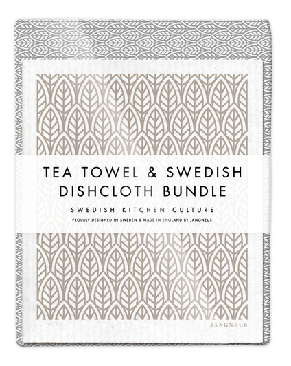 Grey leaves tea towel with two matching reusable Swedish dishcloths by Jangneus