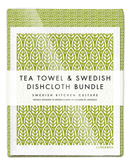 Green leaves tea towel with two matching reusable Swedish dishcloths by Jangneus