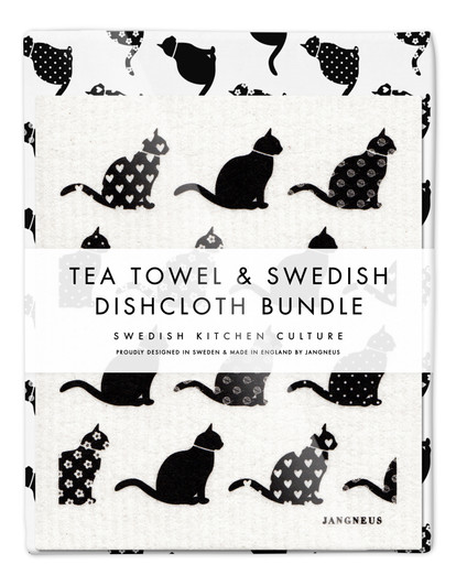 Black cats tea towel with two matching reusable Swedish dishcloths by Jangneus