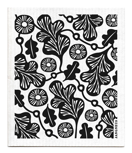 Black oak leaf patterned reusable Swedish dishcloth made from cellulose and cotton by Jangneus