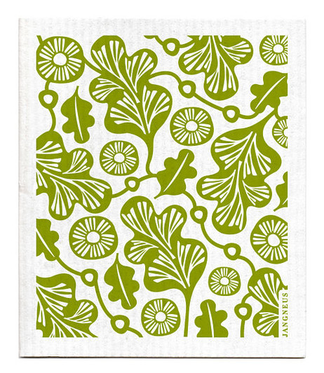Green oak leaf patterned reusable Swedish dishcloth made from cellulose and cotton by Jangneus