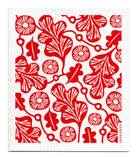 Red oak leaf patterned reusable Swedish dishcloth made from cellulose and cotton by Jangneus