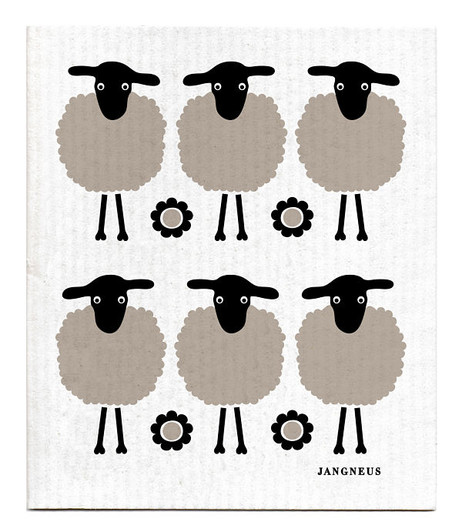 Black mini sheep patterned reusable Swedish dishcloth made from cellulose and cotton by Jangneus