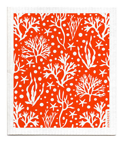Orange coral patterned reusable Swedish dishcloth made from cellulose and cotton by Jangneus