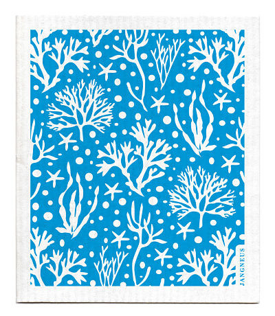 Turquoise coral patterned reusable Swedish dishcloth made from cellulose and cotton by Jangneus