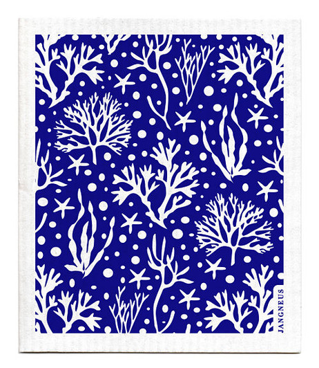 Blue coral patterned reusable Swedish dishcloth made from cellulose and cotton by Jangneus