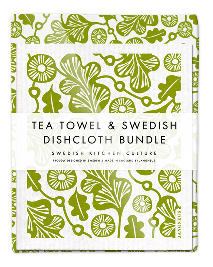 Oak Leaves Tea Towel & 2 Oak Leaves Dishcloths Bundle – Green