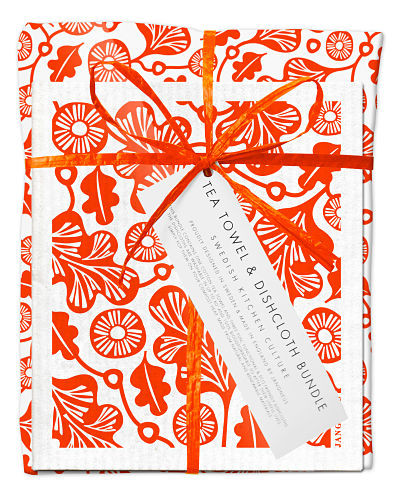 Bundle with 1 tea towel and 2 matching dishcloths oak leaf orange