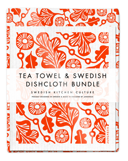 Bundle with 1 tea towel and 2 matching dishcloths oak leaf orange