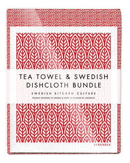 Red leaves tea towel with two matching reusable Swedish dishcloths by Jangneus