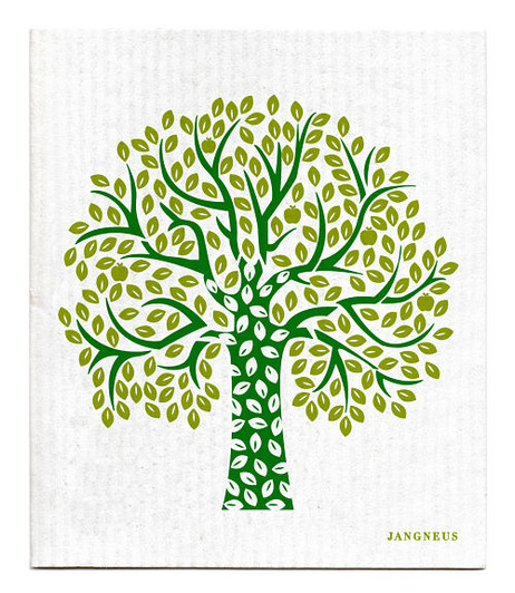 Green tree patterned reusable Swedish dishcloth made from cellulose and cotton by Jangneus