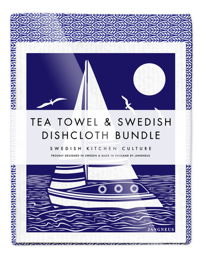 Leaves tea towel with two blue sailing boat reusable Swedish dishcloths by Jangneus
