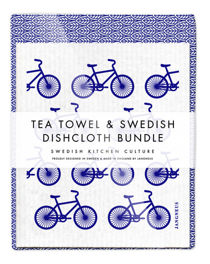 Leaves tea towel with two blue bikes reusable Swedish dishcloths by Jangneus