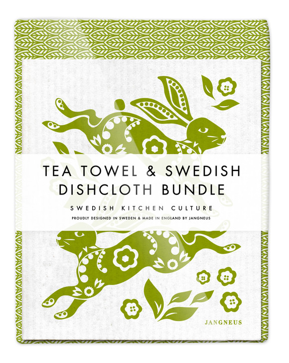 Leaves Tea Towel & 2 Hare Dishcloths Bundle – Green