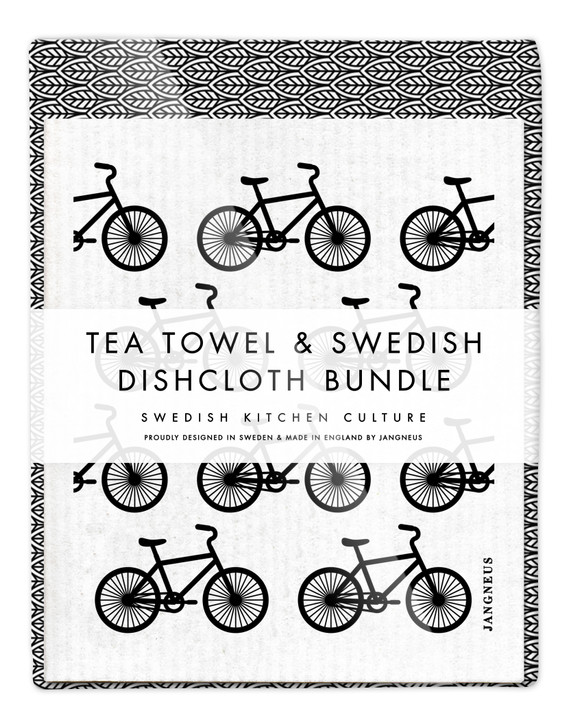 Leaves Tea Towel & Bikes Dishcloth Bundle Black