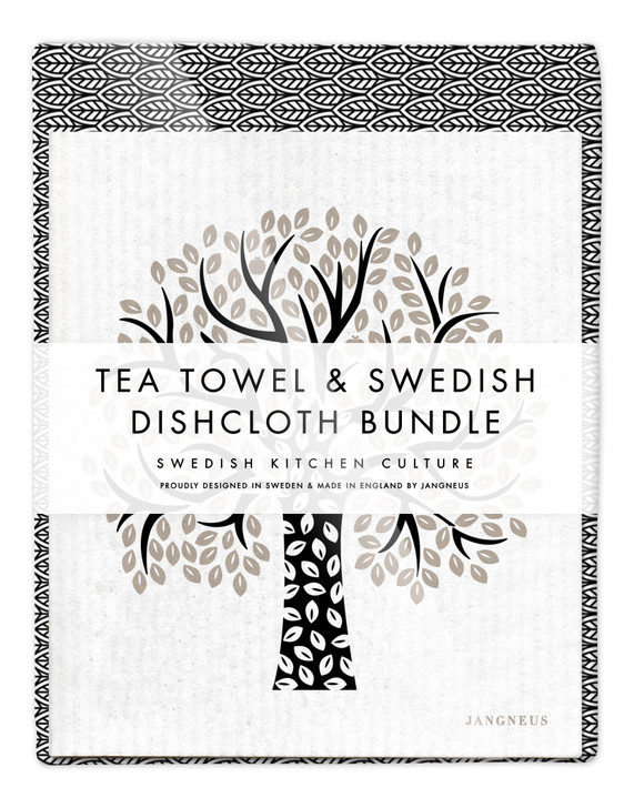 Leaves Tea Towel & 2 Tree Dishcloths Bundle – Black