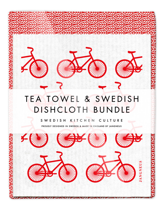 Kitchen Set — Leaves & Bikes Red | 1 Tea Towel + 2 Dishcloths