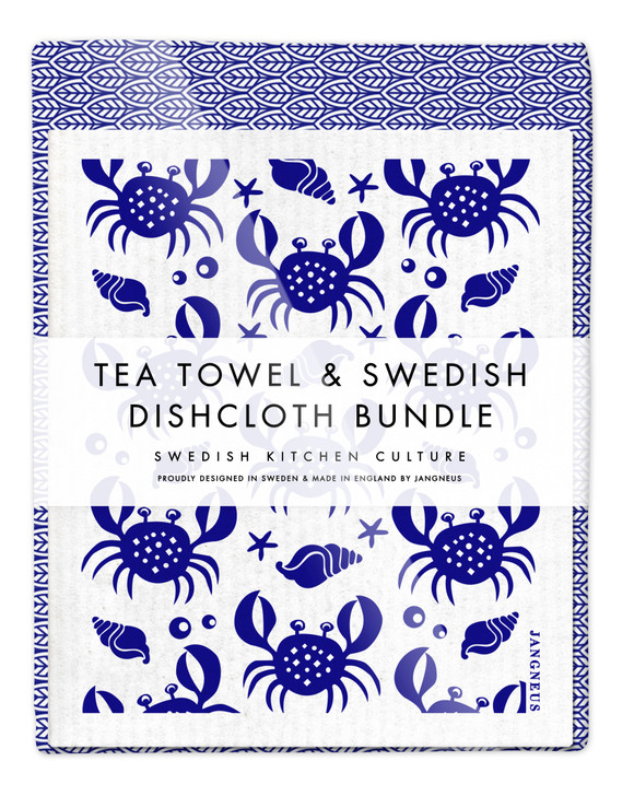Leaves Tea Towel & Crabs Dishcloth Bundle Blue