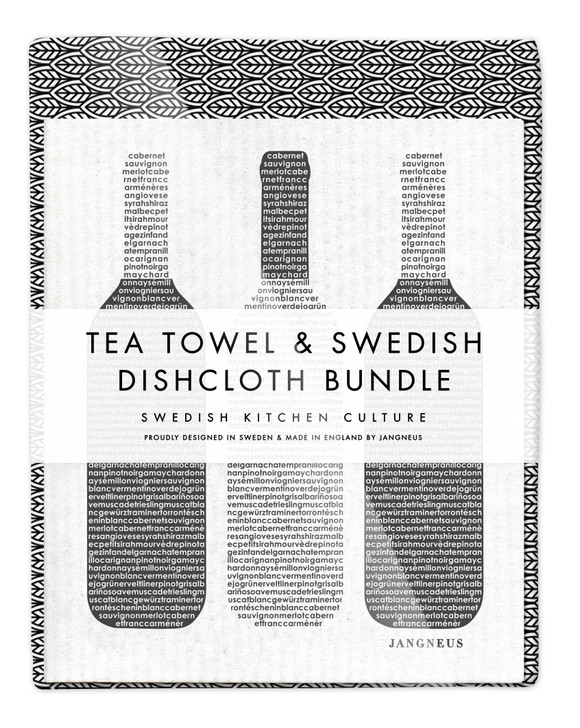 Leaves Tea Towel & Wine Dishcloth Bundle Black
