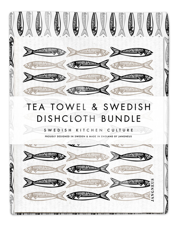 Sardines Tea Towel & 2 Sardines Dishcloths Bundle – Black