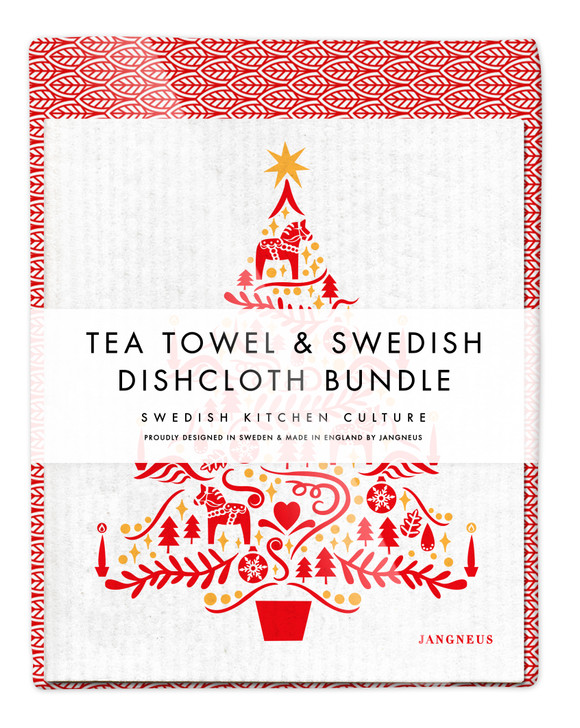 Kitchen Set — Leaves & Scandi Tree Red | 1 Tea Towel + 2 Dishcloths