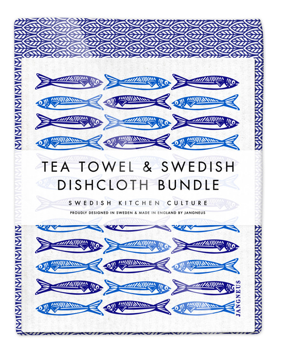 Leaves Tea Towel & Sardines Dishcloth Bundle Blue