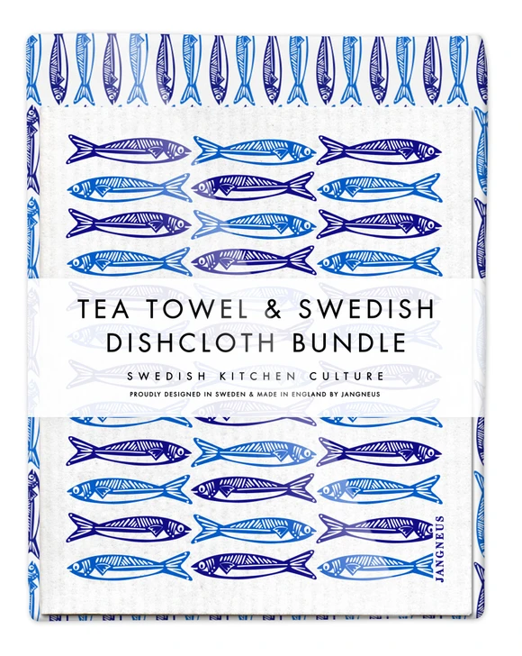 Kitchen Set — Leaves & Sardines Blue | 1 Tea Towel + 2 Dishcloths
