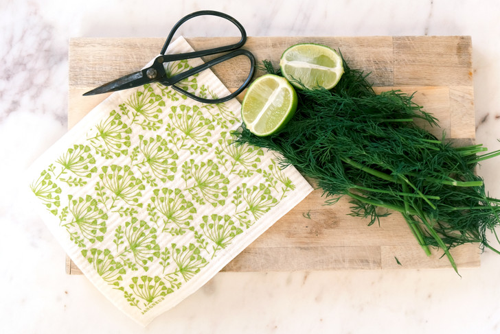 Green dill patterned reusable Swedish dishcloth made from cellulose and cotton by Jangneus