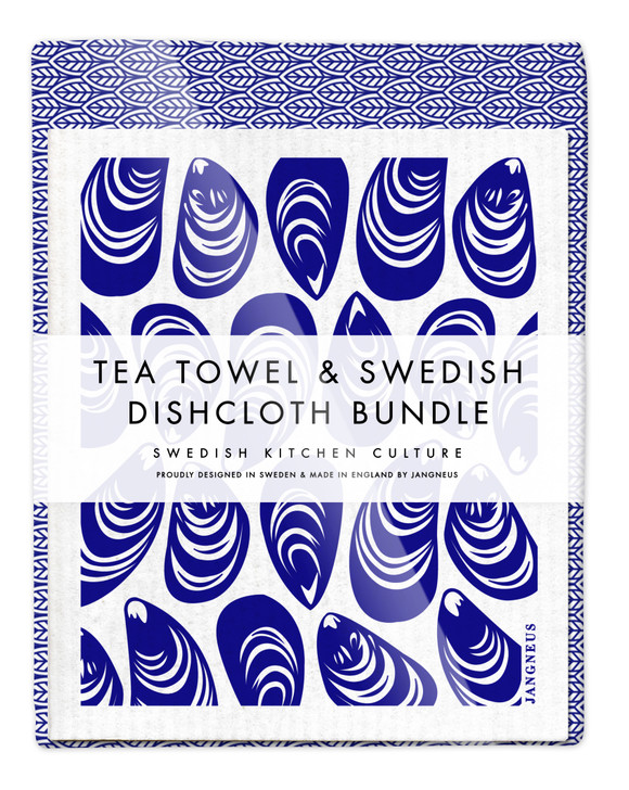 Leaves Tea Towel & Mussels Dishcloth Bundle Blue