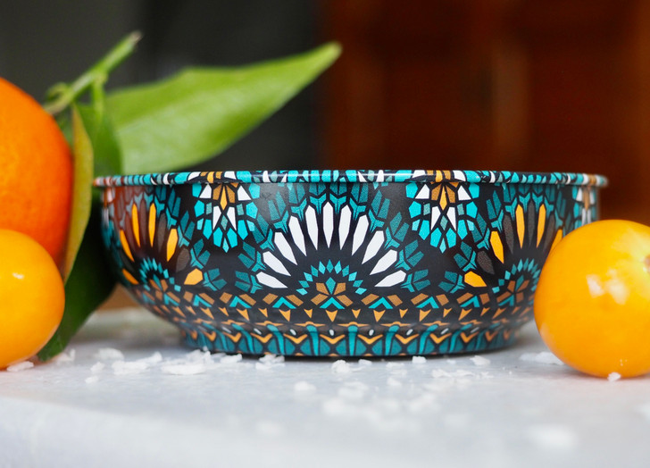 Small handmade Turkish tin bowl with Amina pattern for serving snacks or jewelry