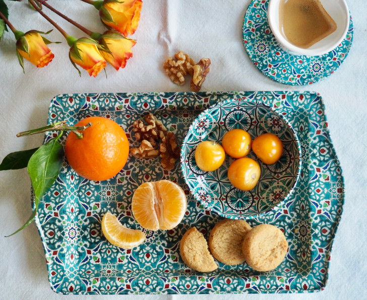Small handmade Turkish tin bowl and tray with Alara pattern for serving snacks or jewelry