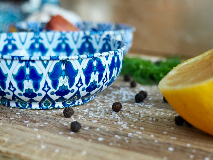 Small handmade Turkish tin bowl with Banu pattern for serving snacks or jewelry