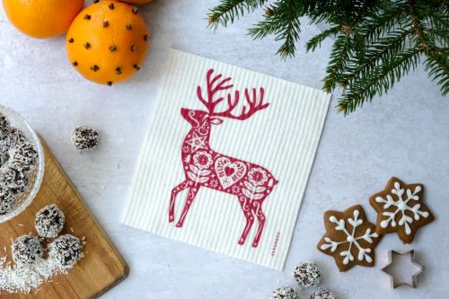 Jangneus Swedish dishcloth, Reindeer Red, 100% biodegradable. The Sustainable Alternative to Paper Towels reusable for months, highly Absorbent.