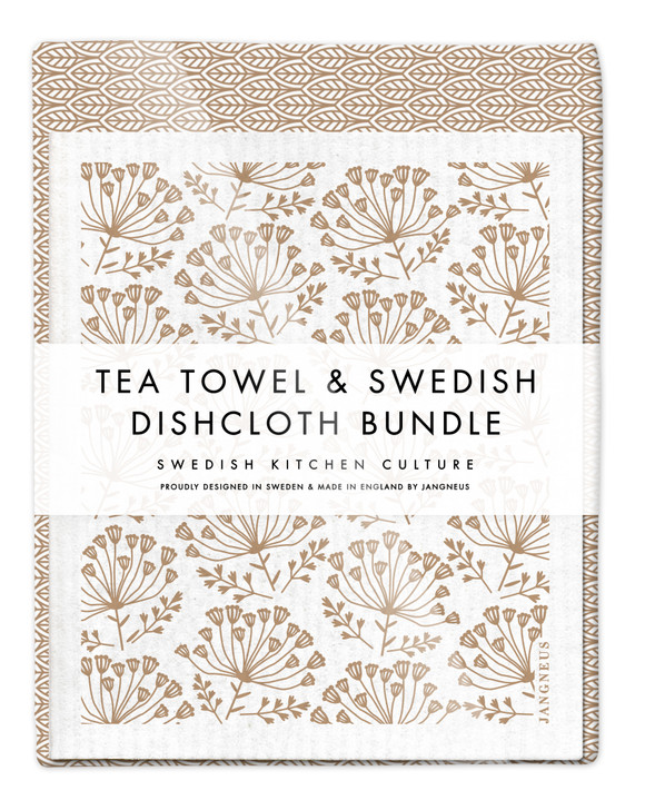Leaves Tea Towel & Dill Dishcloth Bundle Sand