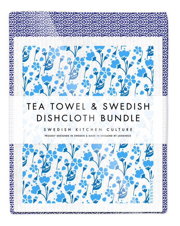 Leaves Tea Towel & 2 Buttercup Dishcloths Bundle – Blue