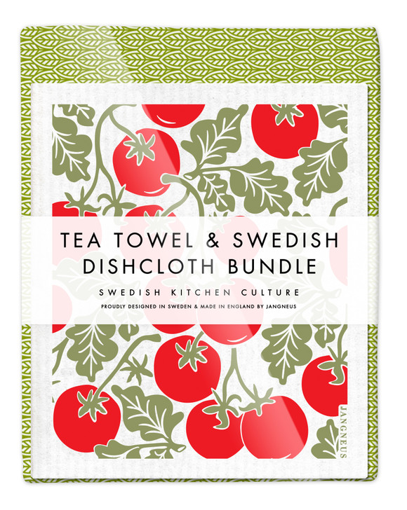 Leaves Tea Towel & Tomatoes Dishcloth Bundle Green