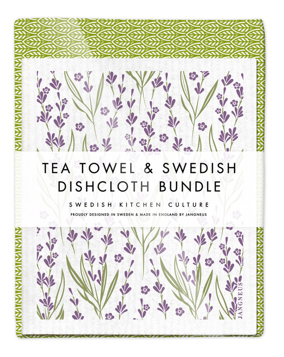 Leaves Tea Towel & Lavender Dishcloth Bundle Green
