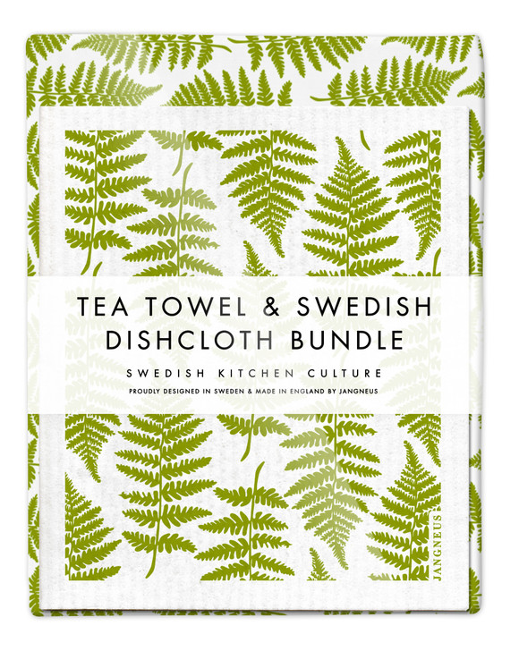Fern Tea Towel & Fern Dishcloth Bundle Green
