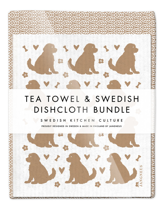 Leaves Tea Towel & Doodle Dogs Dishcloth Bundle Sand