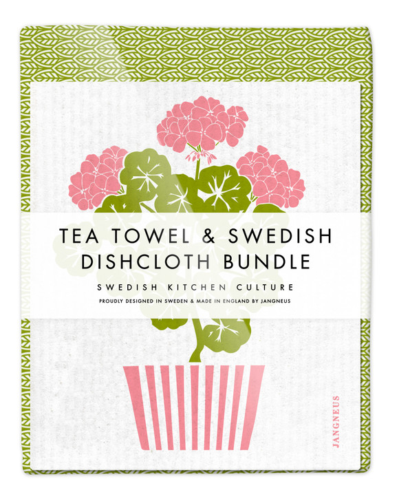 Kitchen Set — Geranium Pink with Green Tea Towel | 1 Tea Towel + 2 Dishcloths