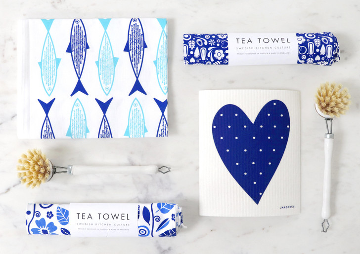 Blue fish patterned Swedish kitchen towel made from natural linen and cotton by Jangneus