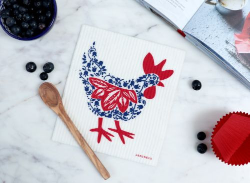 Blue Hen patterned reusable Swedish dishcloth made from cellulose and cotton by Jangneus