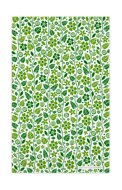 Garden Green patterned Swedish tea towel with two matching reusable Swedish dishcloths by Jangneus