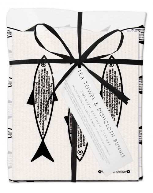 Fish Tea Towel & Dishcloth Bundle Black