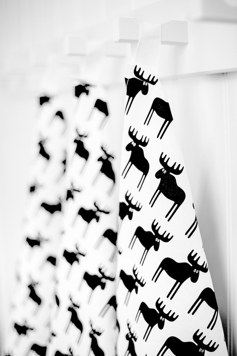 Moose Black  Swedish tea towel with two matching reusable Moose Black Swedish dishcloths by Jangneus