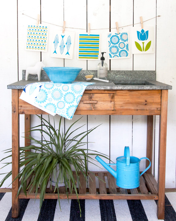 Turquoise sunflower patterned Scandinavian linen cotton kitchen tea towel by Jangneus